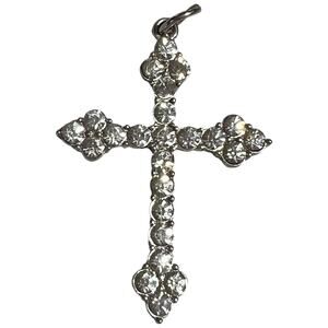 Vintage 90s Cross Pendant Silver Tone Rhinestone Crystal Religious Jewelry
